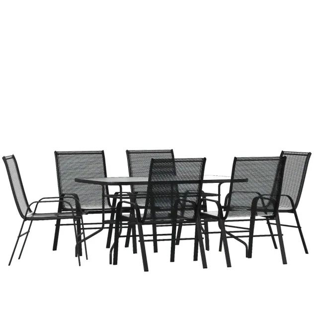 Emma and Oliver Seven Piece Patio Table Set with 31.5" x 55" Metal Table with Tempered Glass Top and 6 Black Flex Comfort Stacking Chairs