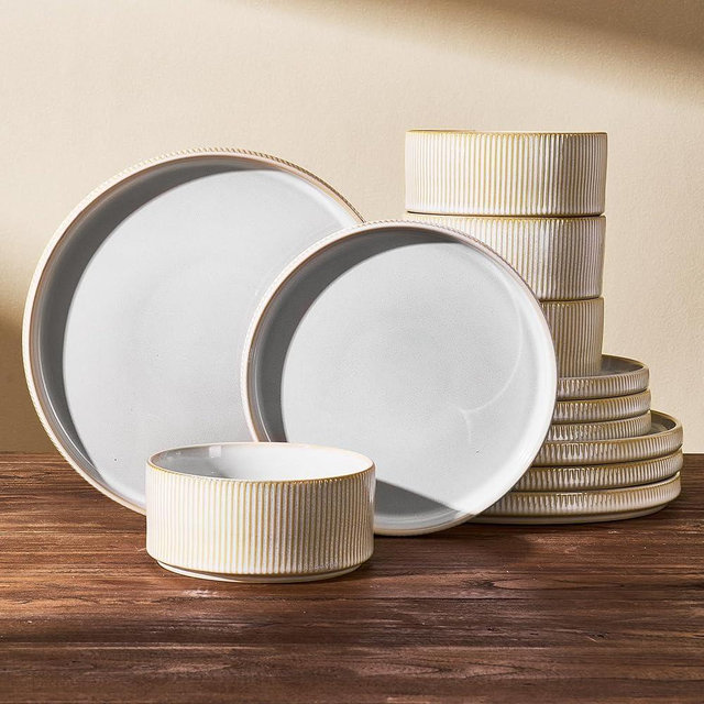 Stoneware Dinnerware Sets, Handcrafted Double Reactive Glaze Plates and Bowls for Everyday & Formal Dining, Microwave & Dishwasher Safe, Scratch Resistant Dishes for 4 (12-Piece), Cappuccino White