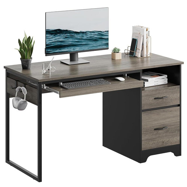 Bestier 48” Computer Desk with Drawers, Office Desk with Storage, Industrial Wood Writing Desk with File Drawer, Keyboard Tray & 2 Hooks for Home Office & Studio, Gray