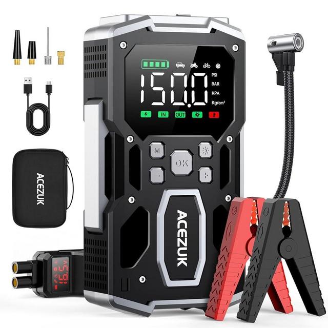 Portable Car Jump Starter with Air Compressor, ACEZUK 150PSI 8000A Jump Starter (All Gas/10.0L Diesel), 12V Battery Jump Box Car Battery Jumper Starter with 3.4" LCD Display, 2 Lights