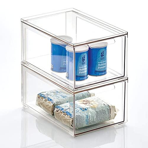mDesign Plastic Stackable Kitchen Storage Box with Pull-Out Drawer - Container for Kitchen, Pantry, Cabinet, Fridge/Freezer - Organizing Snacks, Produce, Vegetables, Pasta Food - 2 Pack - Clear