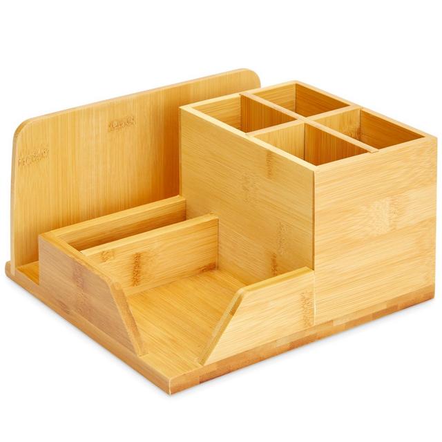 Bamboo Desk Organizer, Wooden Desk Accessories Workspace Organizers, Holder for Pencils, Pens, 7 Compartments for Office Supplies, Home