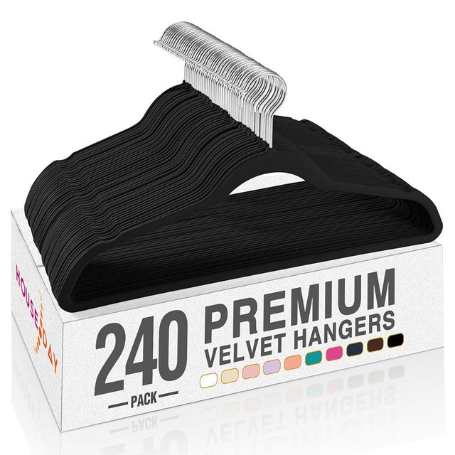 HOUSE DAY Black Velvet Hangers 240 Pack, Premium Clothes Hangers Non-Slip Felt Hangers, Sturdy Black Hangers Heavy Duty Coat Hangers, Durable Suit Hangers, Space Saving No Hanger Mark Rotating Hook