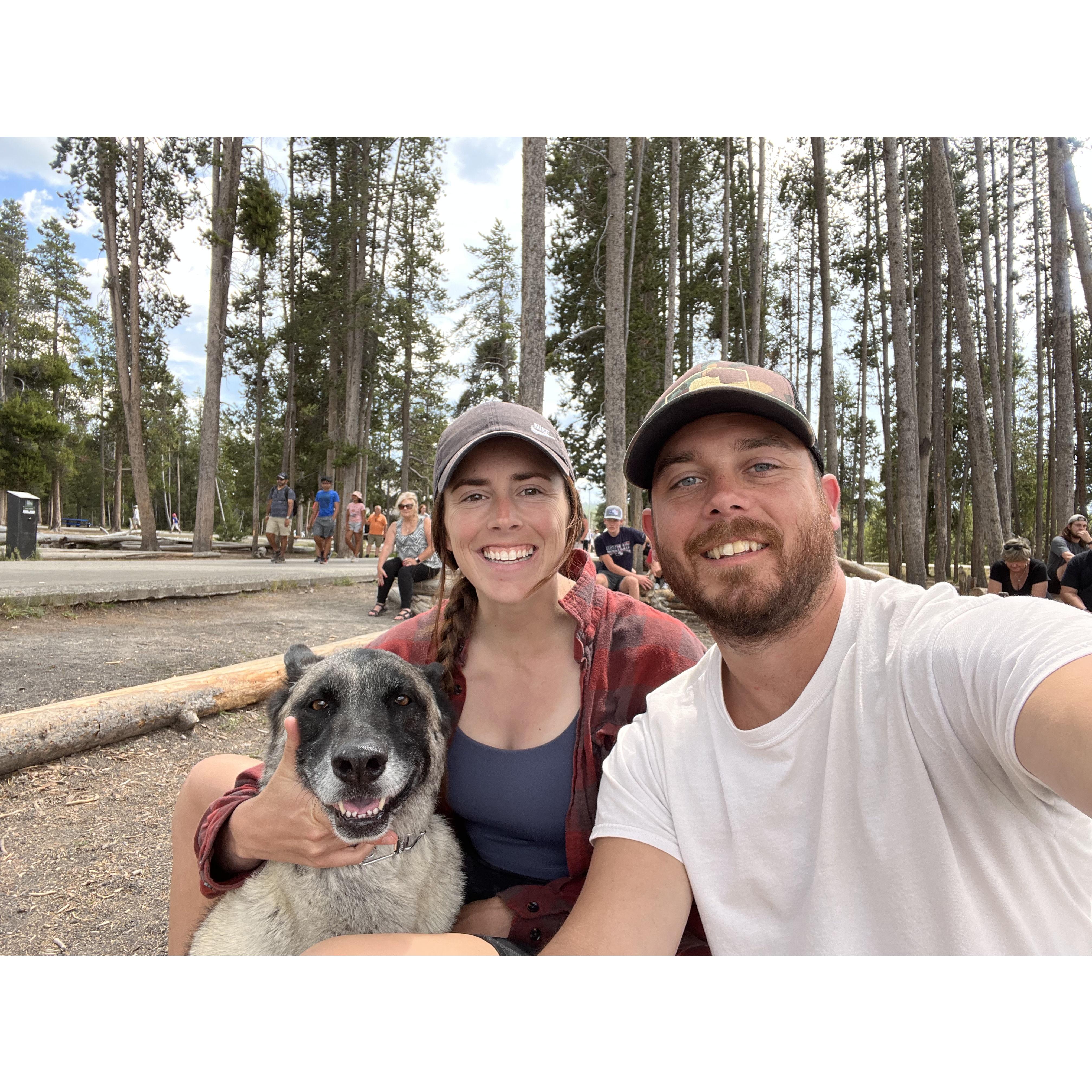 Family photo while watching Old Faithful.