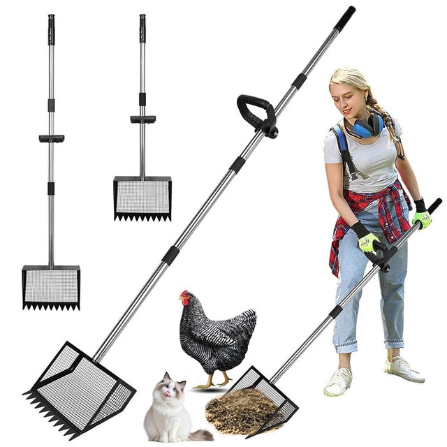 Chicken Poop Scooper and Rake with Ergonomic Handle, 2 in 1 Large Metal Chicken Coop Scoop for Poop with Adjustable Stainless Steel Pole, Sand Sifting Shovel for Chicken Coop Accessories