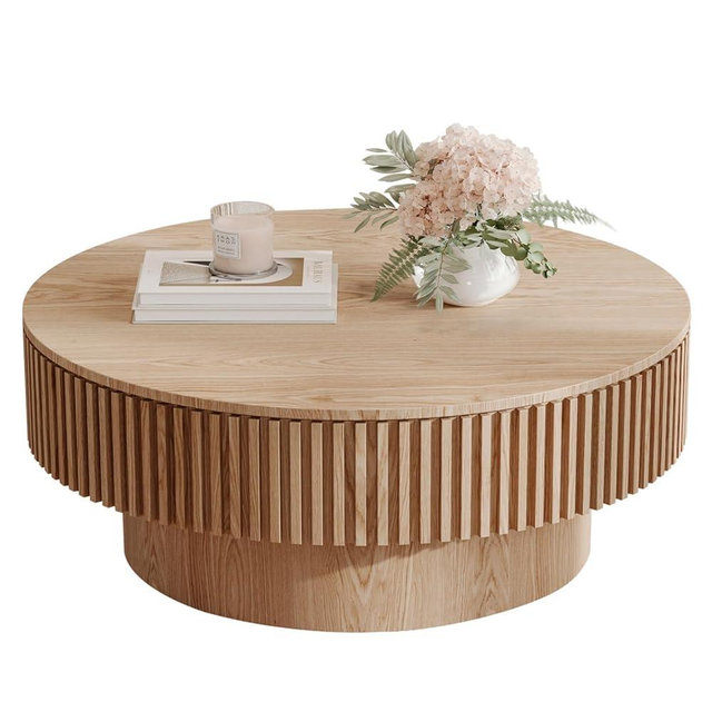 LKTART Round Coffee Table for Living Room, Accent Fluted Drum Coffee Table with Storage, Modern Solid Wood Veneered Circle Center Tea Table for Small Space Apartment (39.4''D×14''H-Natural)