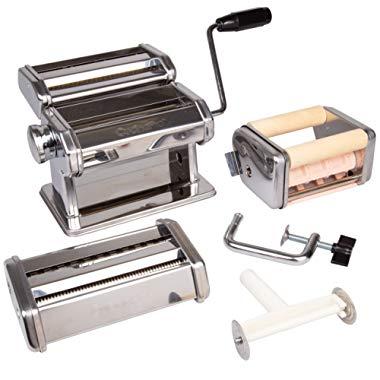 Pasta Maker Deluxe Set- Machine w Attachments for 5 Authentic Pastas- Spaghetti, Fettucini, Angel Hair, Ravioli, Lasagnette All in One