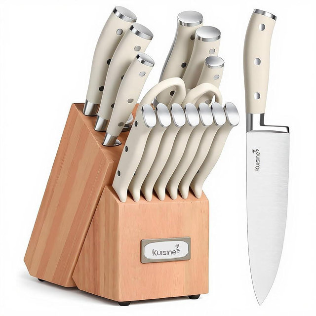 KUISINE Upgraded Knife Set High Carbon Stainless Steel Ultra Sharp Blade Ergonomic Handle,Knife Block Set with Built-in Sharpener(Ivory Acacia,15PCS)