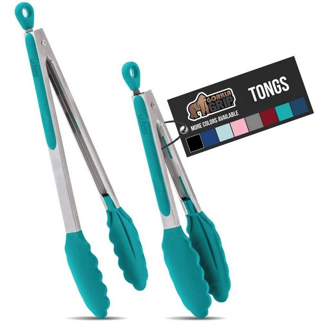 Gorilla Grip Stainless Steel Silicone Tongs for Cooking, Set of 2, Includes 7 and 9 Inch Locking Kitchen Tong, Heat Resistant Tip, Strong Grip for Meat, Perfect for Nonstick Pans, BBQ, Turquoise