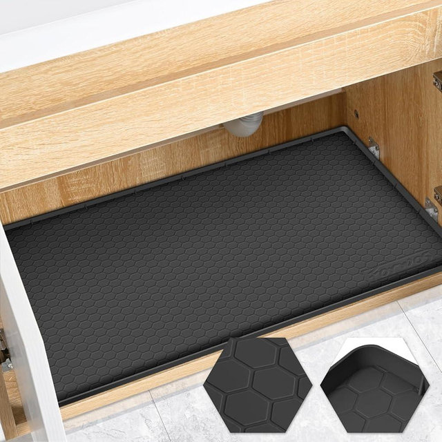 FORWOS Waterproof Under Sink Mat 28" x 22", Silicone Cabinet Liner, Rubber Protector for Kitchen and Bathroom, Keeps Cabinets Clean, Dry, and Organized (Black)