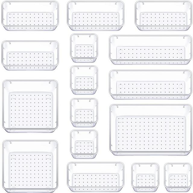 StorMiracle 16 PCS Drawer Organizer Set, 5 Varied Size Bathroom and kitchen Drawer cabinet organizer Trays, Clear Storage Bins for Makeup, Jewelry, Utensils and Gadgets