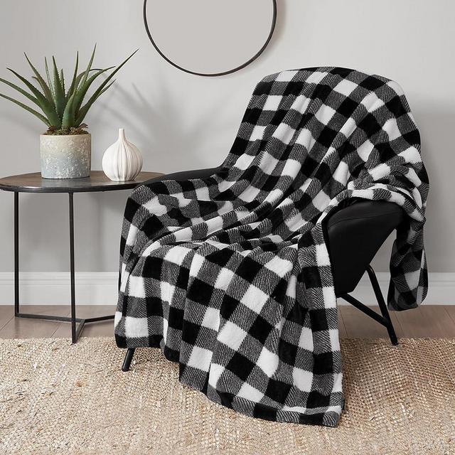 Lucky Brand Printed Buffalo Check Plaid Rabbit Faux Fur Throw Blanket, 50" x 70", Soft Black