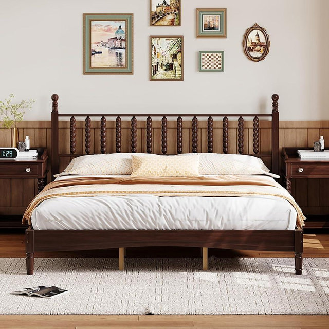 extrasleep Solid Wood King Bed Frame with Spindle Headboard, Walnut Wooden Platform Bed, No Box Spring Required, Spindle Retro Design, Vintage Wood Bedframe, Easy Assembly, Walnut