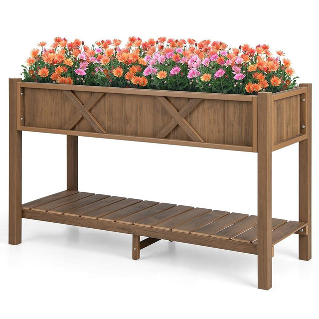 Giantex HIPS Raised Garden Bed, Elevated Planter Box w/Legs, Storage Shelf, Drainage Holes, Weather-Proof Standing Raised Beds for Backyard Porch Flower Herb (Coffee, 44" x 18" x 29")