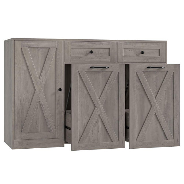 HOSTACK 12.5 Gallon Kitchen Trash Cabinet, 47" Double Trash Can Cabinet, Large Pull Out Can Storage Drawers, Wood Farmhouse Hidden Garbage Storage Buffet for Kitchen, Dining Room, Ash Grey