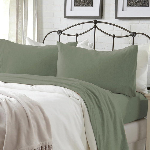 Great Bay Home Cotton Jersey Knit Queen Sheet Set - Ultra-Soft, Stretchy, Heathered Melange Olive Bed Sheets - Cozy, Soft T-Shirt Sheet & Pillowcase Set