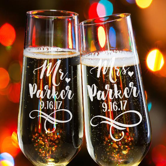 Mr./Mrs. Last Name & Date Custom Wedding Toast Champagne Flute Set