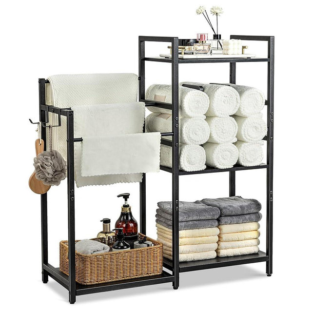 Aquzee Standing Towel Racks for Bathroom, 3-Tier Hand Towel Holder Organizers, Towel Drying Rack Stand, U-Shaped Removable Dividers Towel Storage for Rolled Folded Drying Towels, Black