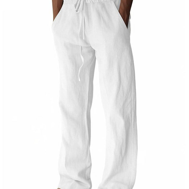PIDOGYM Mens Cotton Linen Pants, Summer Beach Pants Casual Loose Fit with Elastic Waist Drawstring