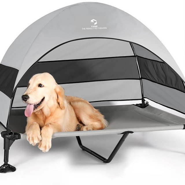 FUEMP Elevated Dog Bed with Canopy |Included Travel Bag| |XL Size Portable Dog Bed|Widened Anti Slip Feet & Rain Resistant|Cooling|Elevated|Raised Cot for Large Dogs|Removable Shade