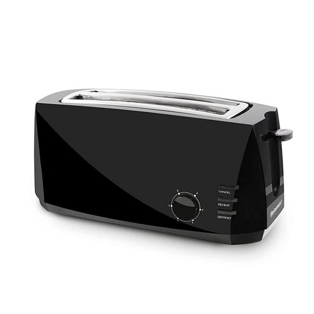 Elite Gourmet ECT4829B# Long Slot Toaster, 6 Toast Settings, Toaster Defrost, Reheat, Cancel Functions, Slide Out Crumb Tray, Extra Wide Slots for Bagel Waffles, 4 Slice, Black