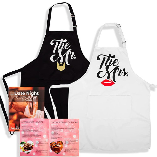 The Mr and The Mrs His and Hers Aprons - One-Size-Fits-All Mr and Mrs Aprons with Date night Cookbook - Funny Aprons for Couples, Bridal Showers, Weddings, Engagement Parties & Anniversaries