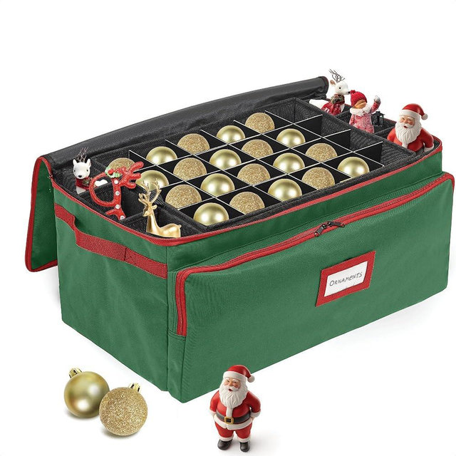 Premium Christmas Ornament Storage Box - Hold Up to 72-3 Inch Ornaments, 6 Side Slots for Figurines, Nutcrackers, etc. Holiday Decoration Organizer - Quality 600D Canvas for Durability - Green