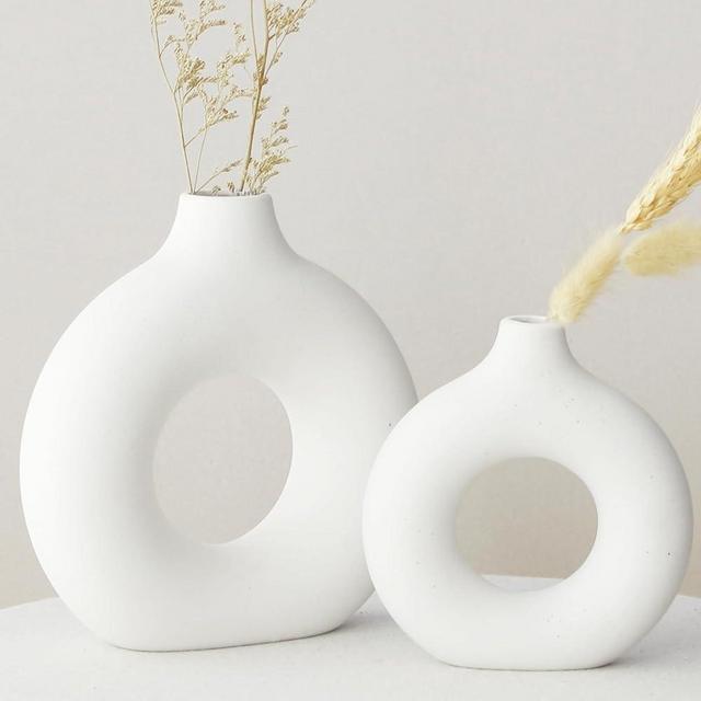 ZIFTY Ceramic Flower Vase Set of 2 Room Decor Vase for Pampas Grass Minimalism Style Suits for Coffee Table, Centerpieces, Kitchen, Fireplace, Birthday, Wedding (M+S, White)