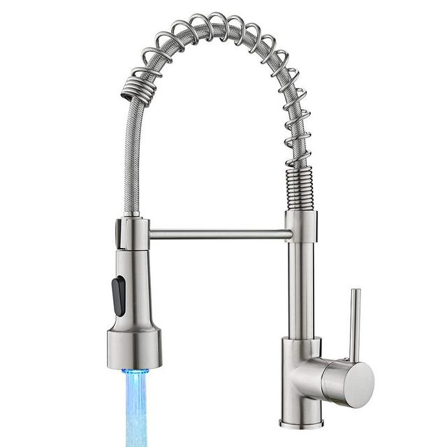 OWOFAN Kitchen Faucet with Sprayer, Modern Single Handle Pull Down Sprayer Spring Kitchen Sink Faucet with LED Light Brushed Nickel 9005SN