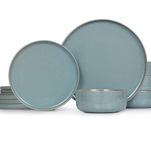 Dinnerware Set, 12 Piece Service for 4, by Kook, Ceramic 10.5” Dinner Plates, 8.2” Salad Plates and 25 oz Soup Bowls, Stoneware, Microwave and Dishwasher Safe, 12 Piece Set (Sage Green)
