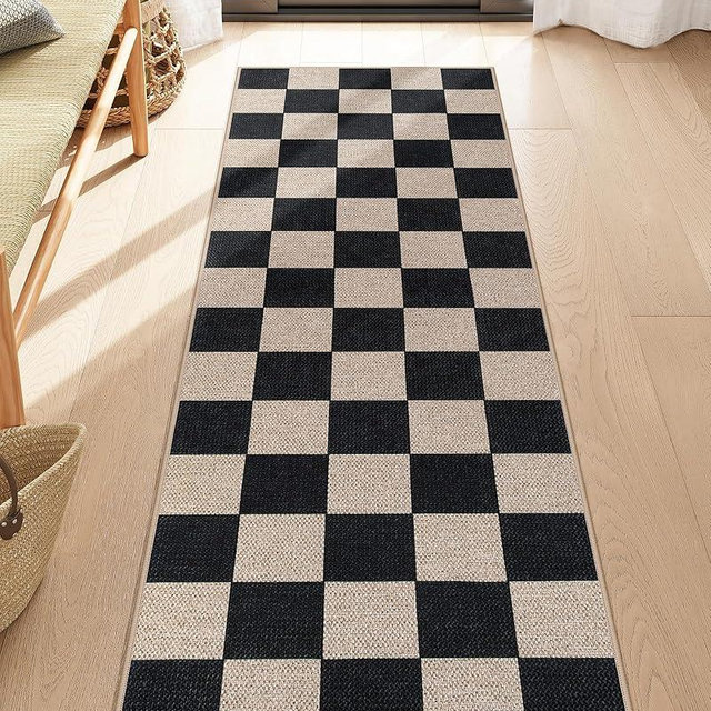Lahome Checkered Easy Jute Runner Rug, 2x6 Kitchen Runner Rug Non Slip Washable Outdoor Carpet for Entryway Indoor, Checkerboard Black Indoor Outdoor Carpet Runners for Hallway 6ft Entry