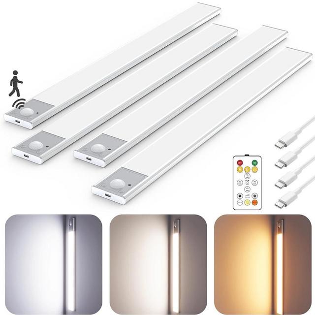 16" Ultra-Thin Under Cabinet Lighting Wireless, Aluminum Alloy Under Counter Lights for Kitchen, 3-Color-Temps Magnetic Closet Lights, Rechargeable Motion Sensor Light Indoor (4Pack, Silver)