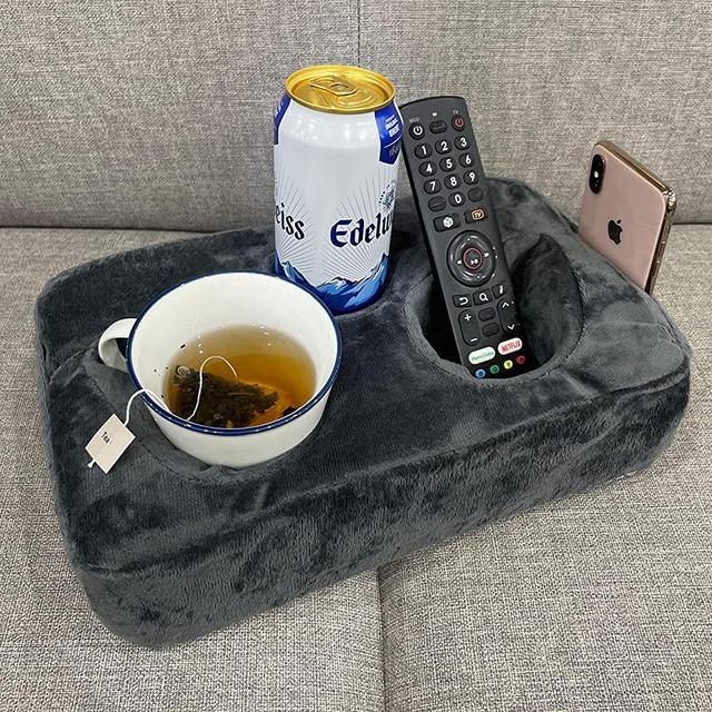 Couch Cup Holder Pillow, Couch Drinks Remotes Holder for Center of Couch, for Sofa, Bed, RV, Car (Gray)