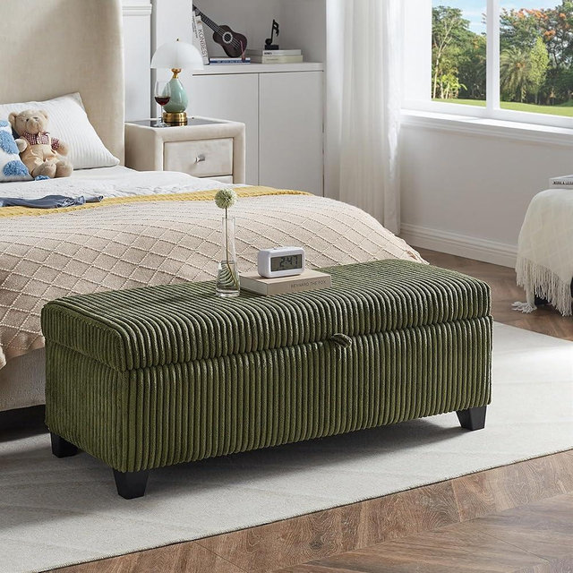mikibama Corduroy Storage Ottoman Bench,Bed End Ottoman Bench with Storage,48" Long Storage Benches for Bedroom,Living Room,Entryway,Window,Mid Century Modern Storage Chest (Green, 48")