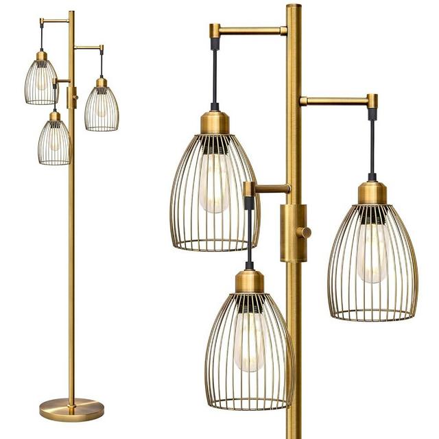 Dimmable Floor Lamp, Industrial Floor Lamps for Living Room, Antique Brass Tree Lamp Standing Lamp Tall Lamps with 3 Elegant Teardrop Cage Head & 800 Lumens LED Bulbs for Living Room Bedroom Office