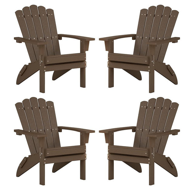ACUEL Folding HDPE Adirondack Chair Set of 4, Weather-Resistant Patio Chair with Wide Armrests & High Backrest, Fire Pit Chair for Garden, Backyard, Porch - Coffee