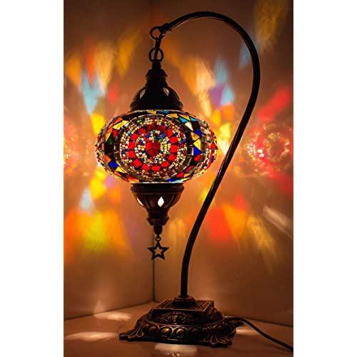 DEMMEX Turkish Moroccan Mosaic Table Lamp, Swan Neck Handmade Desk Bedside Table Night Lamp, Decorative Colorful Boho Table Lamp