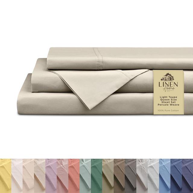 Linen Home 100% Cotton Percale Sheets Queen Size, Light Taupe, Deep Pocket, 4 Pieces Set - 1 Flat, 1 Deep Pocket Fitted Sheet and 2 Pillowcases, Crisp Cool and Strong Bed Linen