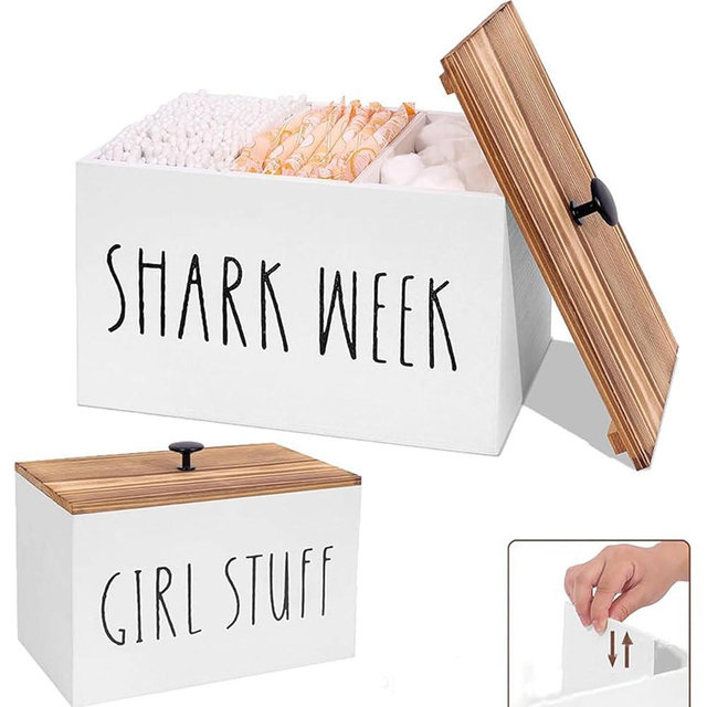 LONG TAO Tampon Holder Tampon Organizer Rustic Wood Bathroom Storage Bin with Lid Movable Partition Storage Container with 3 Compartment Feminine Product Wood Tampon Dispenser (White)