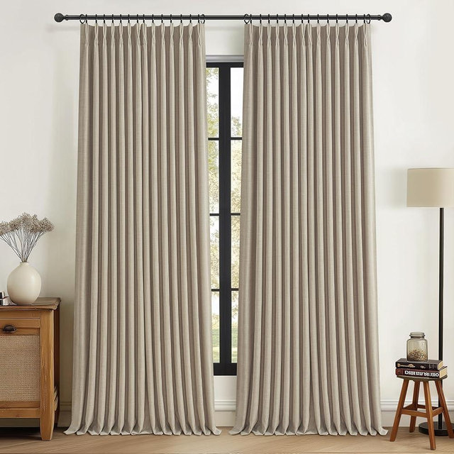 Burlywood Birch Pinch Pleated Blackout Linen Two Layer Bedroom Window Curtains 95 Inches Long 2 Panels Set, Memory Trained Country 94-96 Inch Insulated Noise Reducing Black Out Curtain 40W x 95L