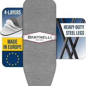 Bartnelli by Rorets Ironing Board Made in Europe | Iron Board with 4 Layered Cover & Pad, Height Adjustable up to 36" Features A Safety Iron Rest, 4 Steel Legs, for Laundry Room or Dorm Use (43x13)
