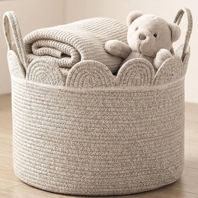 LemonRoad Brown Variegated Round Basket Large Blanket Basket 15.8" L X 15.8" W X13.8" H Scalloped Woven Baskets Cotton Storage Baskets for Nursery Classroom Closet Blankets Storage Home Decor
