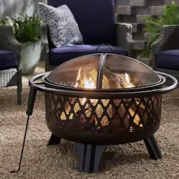 Hampton Bay Piedmont 29.6 in. W Black Steel Wood Outdoor Fire Pit with Screen and Poker Included OFW992RA