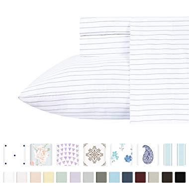 400-Thread-Count 100% Pure Cotton Sheets for Bed - 4-Piece Pinstripe Light Grey King Sheet Set Long-Staple Combed Cotton Bed Sheets Breathable Sateen Weave Sheets Fits Mattress Upto 18''