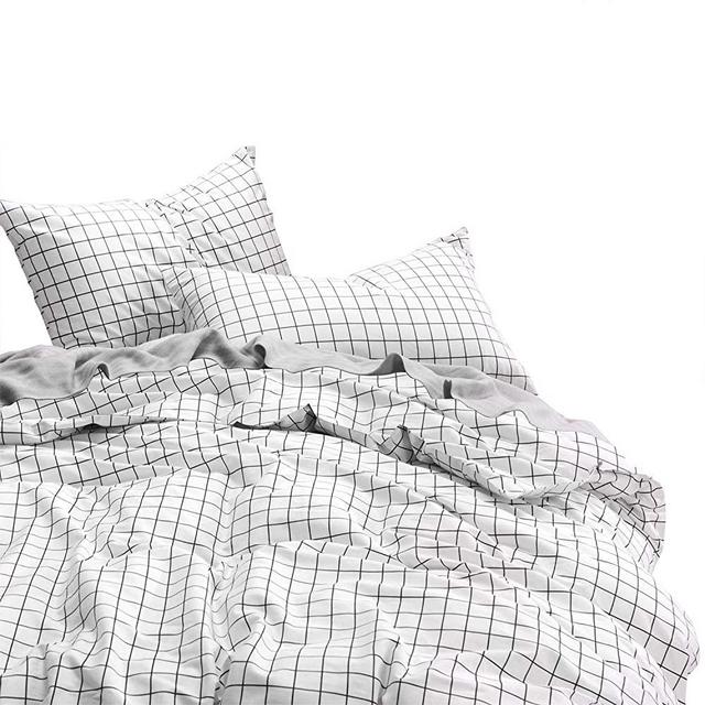 Wake In Cloud - Grid Duvet Cover Set, 100% Cotton Bedding, Black Grid Geometric Modern Pattern Printed on White, with Zipper Closure (3pcs, King Size)