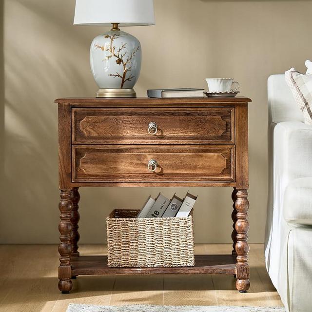 HULALA HOME Farmhouse Storage End Table with 2 Drawers and Open Shelf, Solid Wood Side Table with Spindle Legs, Nightstand with Charging Station (Walnut)