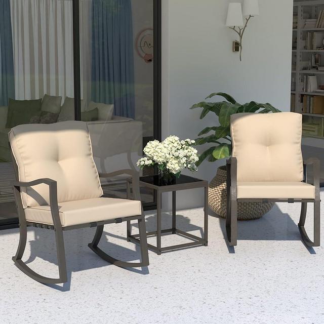 Delnavik 3 Pieces Rocking Patio Bistro Set Outdoor Furniture Conversation Sets Patio Chairs with Coffee Table for Garden Balcony Backyard, Sand