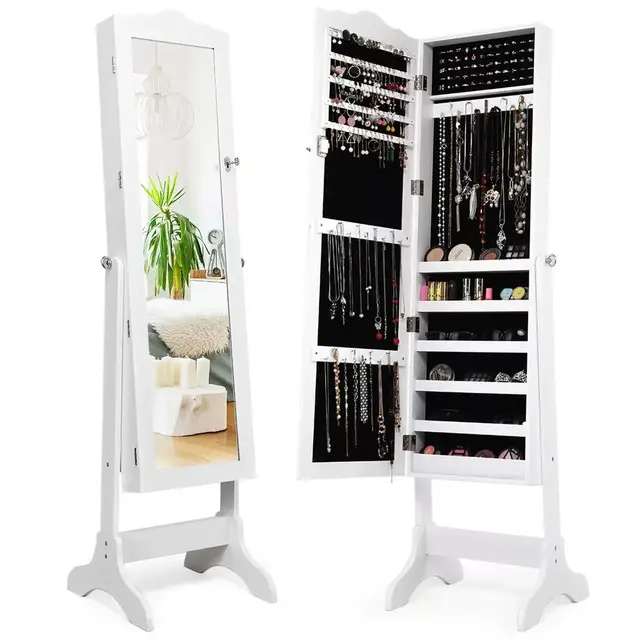 White with Stand Mirrored Lockable Jewelry Armoire Cabinet Storage Box 63.5 in. L x 14.5 in. W x 18.5 in.