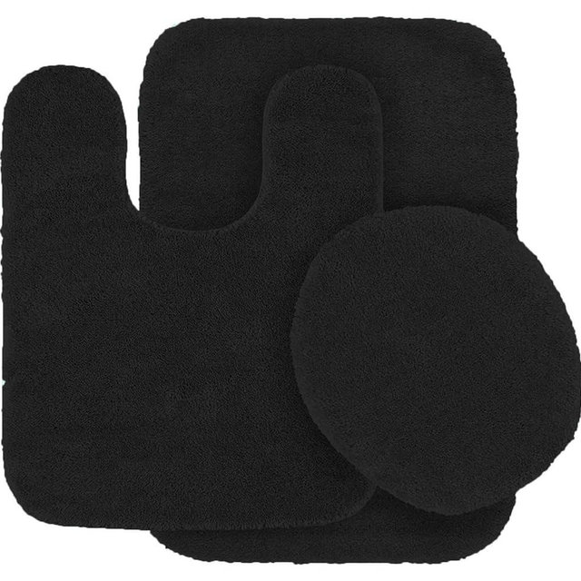 3pc Solid Non Slip Soft Bath Rug Set for Bathroom U-Shaped Contour Rug, Mat and Toilet Lid Cover New Angela (Black)