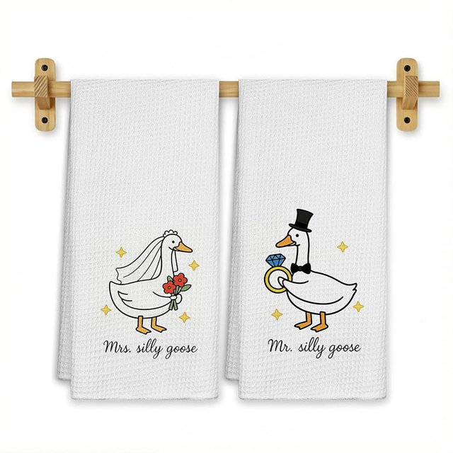 FGFK Funny Bride and Groom Goose Kitchen Towels, Wedding Gifts for Couples Newlyweds Dish Tea Towels for Kitchen Decor, Just Married Gifts Decorative Hand Towel for Bathroom, 16x24 Inch Set of 2